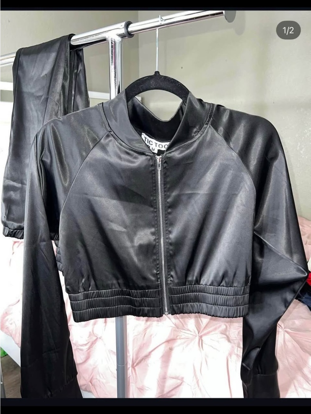 Cropped Black Satin Bomber Jacket by
